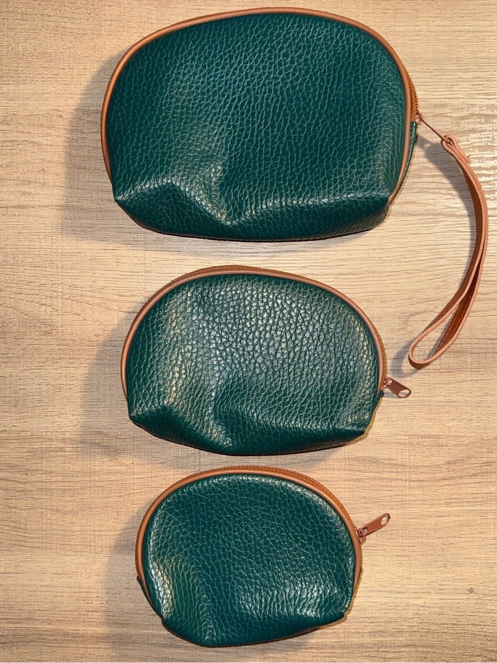 Vintage 3-Piece Nesting Cosmetic Pouch Set - Forest Green & Tan
